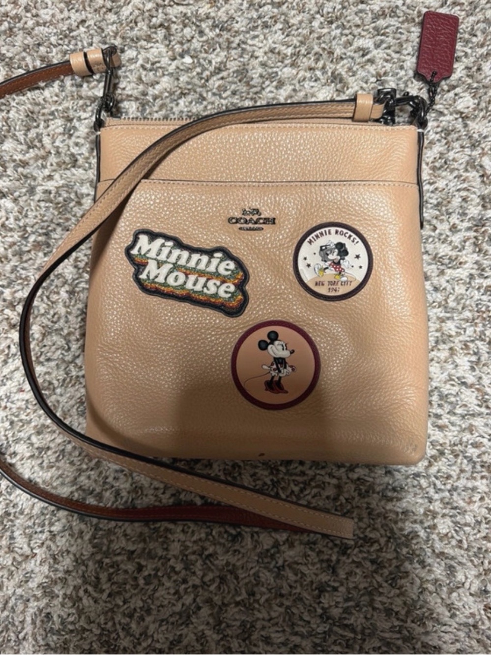 Coach Tan Leather Crossbody with Minnie Mouse Patches